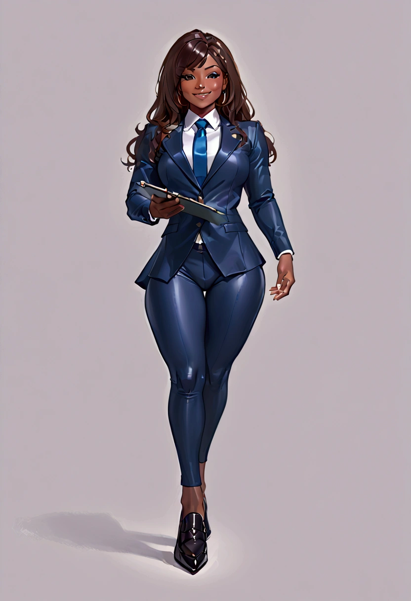 araffe Femboy in a suit and tie posing for a picture, wearing tight suit, tight attire, girl in a suit, Femboy in suit, intricate suit, tight navy-blue leather outfit, in spandex suit, intriguing outfit, wearing a strict business suit, business attire, tight outfit, in a business suit, wearing a plug suit, Femboy full body, African American,dark skin ,thick thighs,bbl, bimbo lips, smiles , bulge , flat chested, high heel loafers, holding clipboard,is male, male groin 