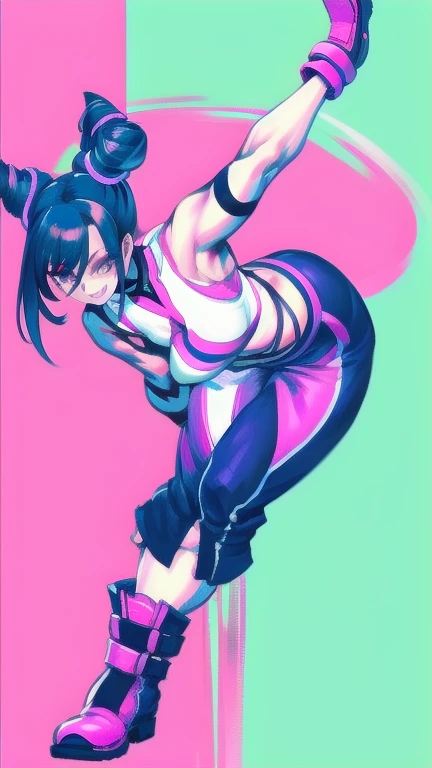 Full body image of Juri Han from Street Fighter 6, wearing his original costume (Purple and black body with pink details, high boots, and fingerless gloves), Short black hair styled in twin buns, female body, athletic and flexible body, dynamic pose, Detailed Pose, simple bottom, Expressive face showing a mischievous smile, focus on the face, Line art, sketch.
