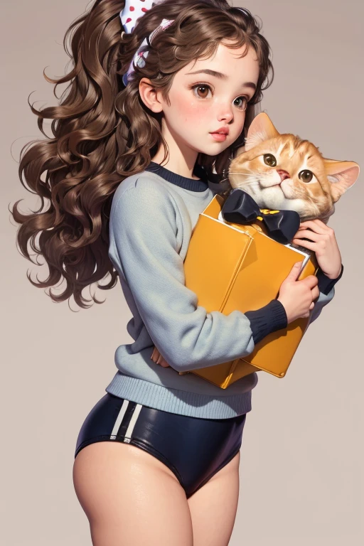 (masterpiece, best quality:1.2), 1 girl, alone，wavy hair，Light fluffy long hair，bow headband，polka dot sweater，Sweater details，clean background、looking at viewer, child, ,, masterpiece, best quality:1.4,high quality, detail, young teen, Black gymnastics bloomers, High leg