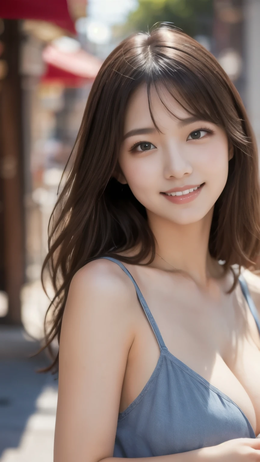 8k、Highest quality、Ultra-wide-angle lens、(Representative Works:1.2)、(Real)、(Real:1.37)、Ultra-high resolution、One female college student、Droopy eyes、Beautiful teeth alignment、smile、Well-formed fingers、Long Hair、Around town、(Casual clothes are cute)、Big Breasts、Perfect Body、Perfect Fingers、Beautiful Skin、Professional Lighting、gravure、Face and skin details、Microparticles、RAW Photos