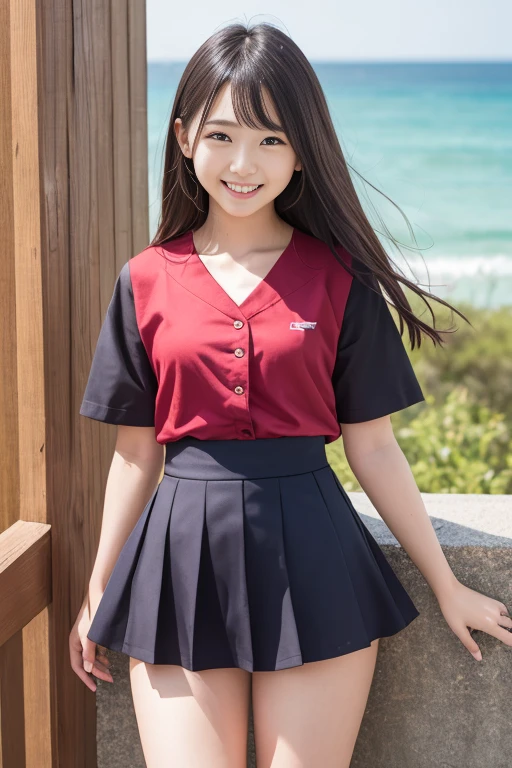 Masterpiece, Best Quality, Hi-Res, 1 Girl Matsushita Bangs Brown hair, White skirt Red jacket Blue shirt Open jacket Blue bow tie sitting, stuffing, pool, smile, live-action, real