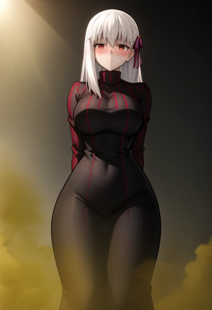 Highest quality, masterpiece, High Resolution, 1 girl, difficult,we are sakura, long hair, red eyes, white hair, hair ribbon, empty eyes, dark persona, corruption, is, hyper is, huge is, big ass, wide hip, gigantic is, fart, farting, brown_smoke, brown_Gas, sprays, dress, black dress, turtleneck, striped, long sleeves, Turning her backside towards the screen, blush, 