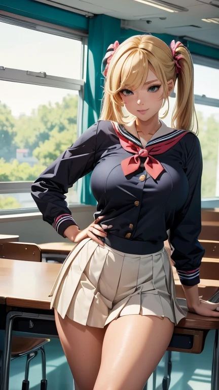 akizuki airi. oni chichi, masterpiece, best quality, super detailed, illustration, flat color, depth of field,
1 girl, young, anime, standing, japanese village, full-length, blonde, twintails, sideways, looking not at the viewer, red pleated miniskirt, wet white button-down shirt, school uniform, serafuku, blue tie, no bra, black tights, small backpack, detailed skin texture, detailed fabric texture, beautiful detailed face, big breasts, blue eyes, pregnant, tired