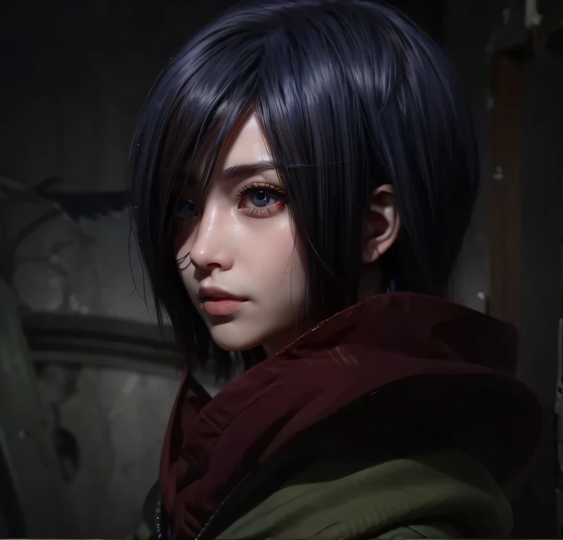 Touka Kirishima, Tokyo Ghoul, Red eyes, The whites of the eyes are black, blue-violet hair, beautiful and calm facial features, short hair covering the left side of her face, red eyes, colored sclera, black sclera, wings, red wings  ghoul wings, kagune ، Bright wings, bloody background , Kagune with bright and shiny colors, ghoul eyes  