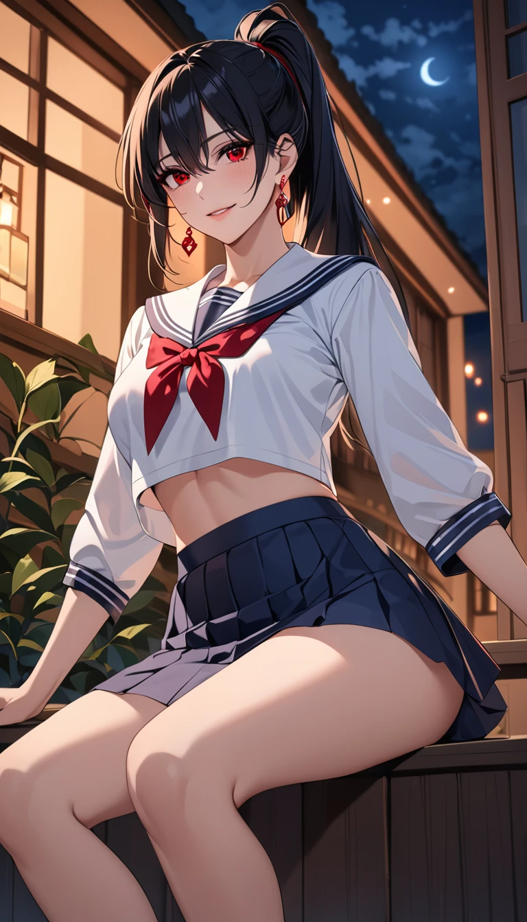 Highest quality　masterpiece　High resolution　masterpiece　Black hair　　Red sharp Eyes, high pony tail cut, seductive smile, tight, outside, night, mature female, earrings wearing sailor uniform, skirt, nightmare, seducing, midriff, sit