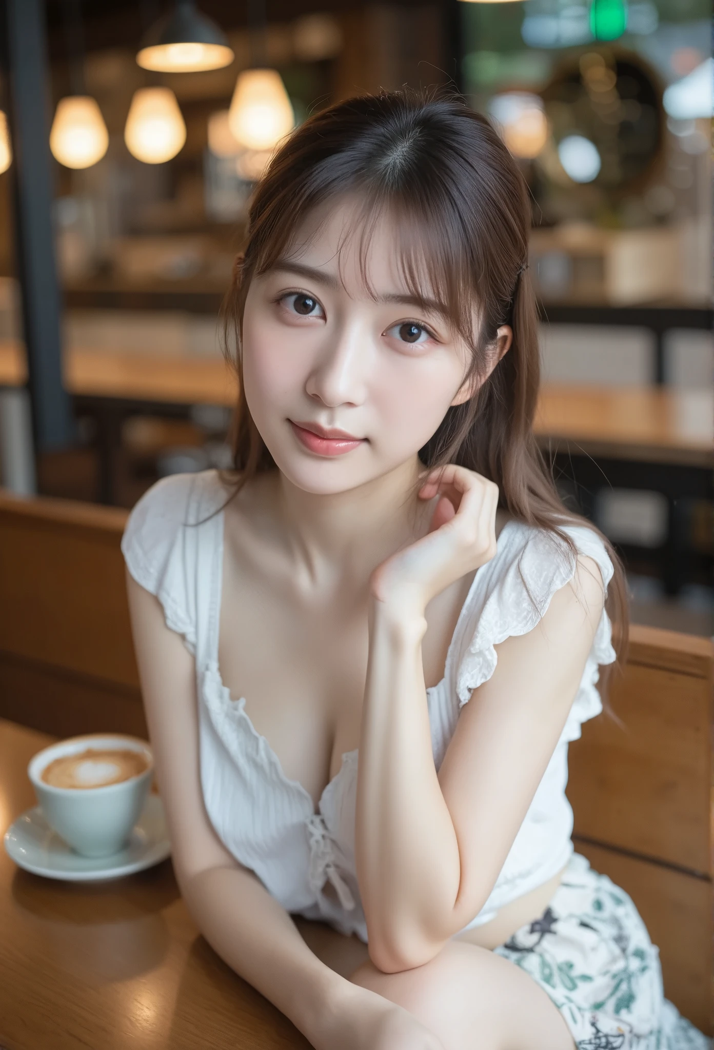 A photo of a east-asian slender woman、Sitting and grin in a cafe、Looking at me with a lovery face, dressed a white tops with a cute female tie and long tight skirt.
