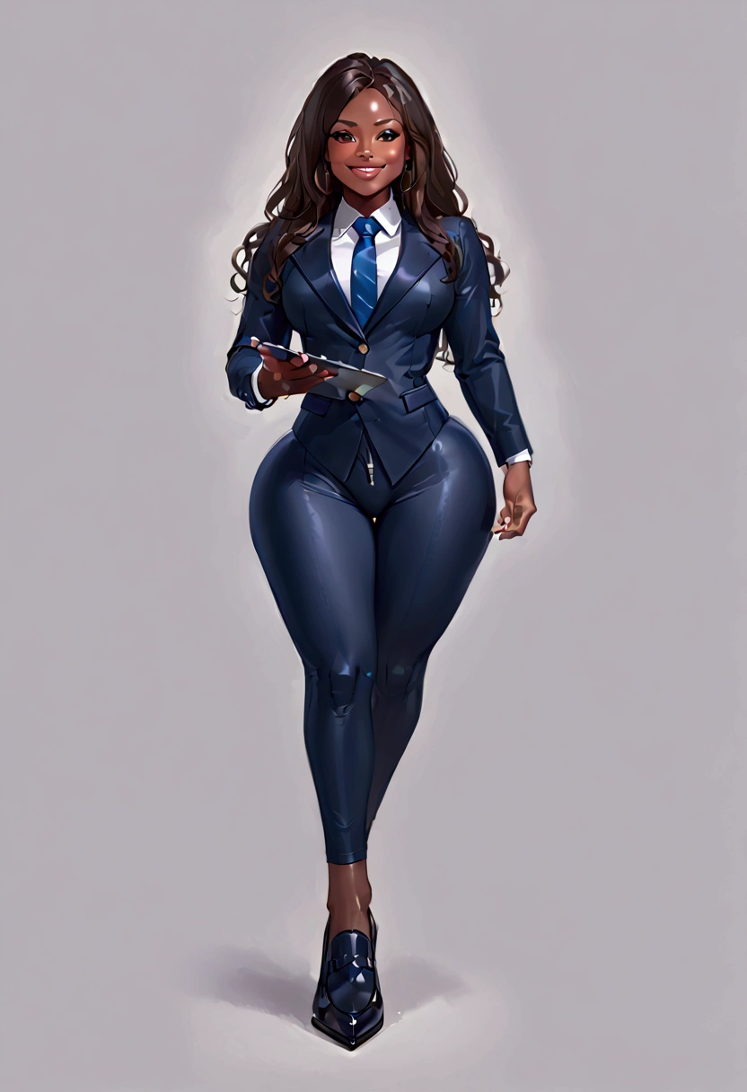 araffe Femboy in a suit and tie posing for a picture, wearing tight suit, tight attire, girl in a suit, Femboy in suit, intricate suit, tight navy-blue leather outfit, in spandex suit, intriguing outfit, wearing a strict business suit, business attire, tight outfit, in a business suit, wearing a plug suit, Femboy full body, African American,dark skin ,thick thighs,bbl, bimbo lips, smiles , bulge , flat chested, high heel loafers, holding clipboard,is male, male groin 