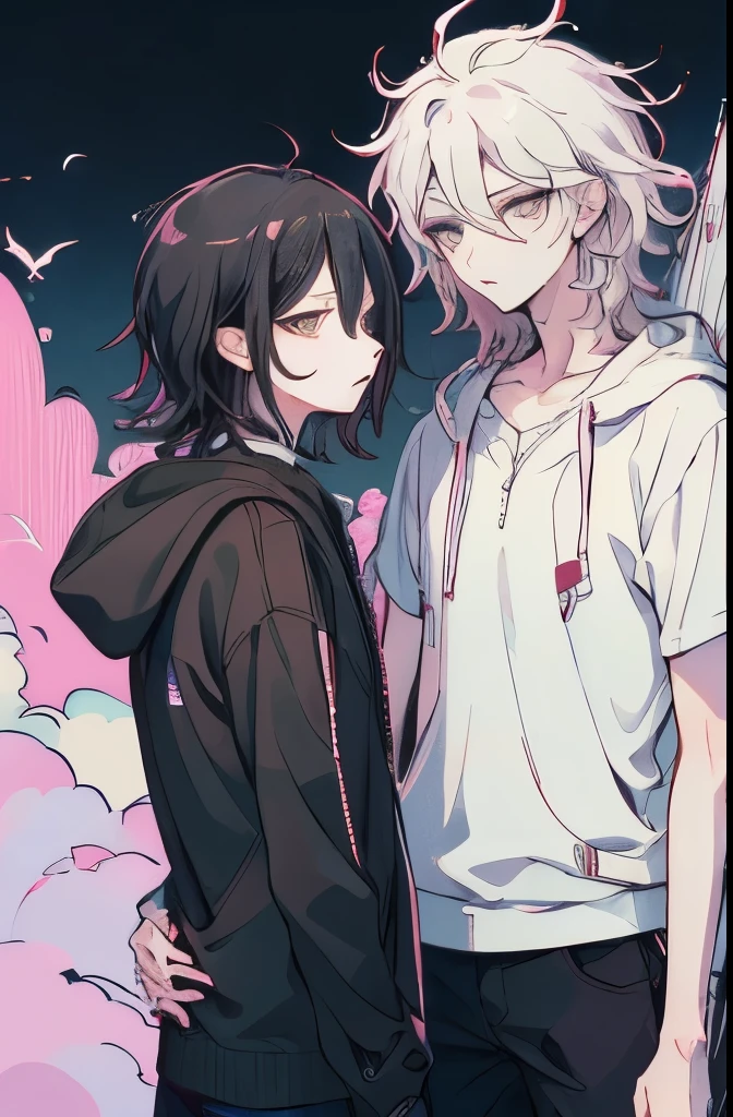 best quality,4k,8k,highres,masterpiece:1.2,ultra-detailed,realistic:1.37, 2boys, nagito komaeda and kokichi ouma as a couple, kokichi is shorter and dark haired, nagito is taller and white haired