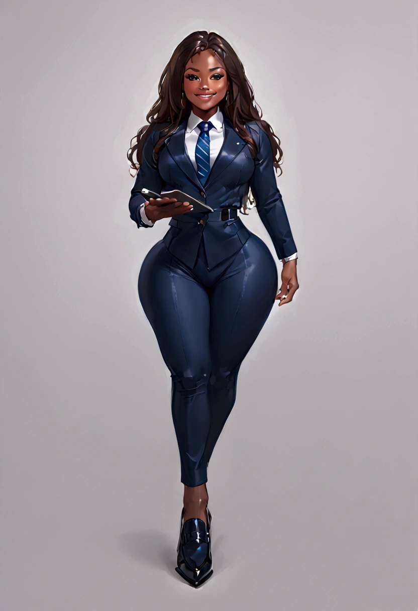 araffe Femboy in a suit and tie posing for a picture, wearing tight suit, tight attire, girl in a suit, Femboy in suit, intricate suit, tight navy-blue leather outfit, in spandex suit, intriguing outfit, wearing a strict business suit, business attire, tight outfit, in a business suit, wearing a plug suit, Femboy full body, African American,dark skin ,thick thighs,bbl, bimbo lips, smiles , bulge , flat chested, high heel loafers, holding clipboard,is male, male groin 