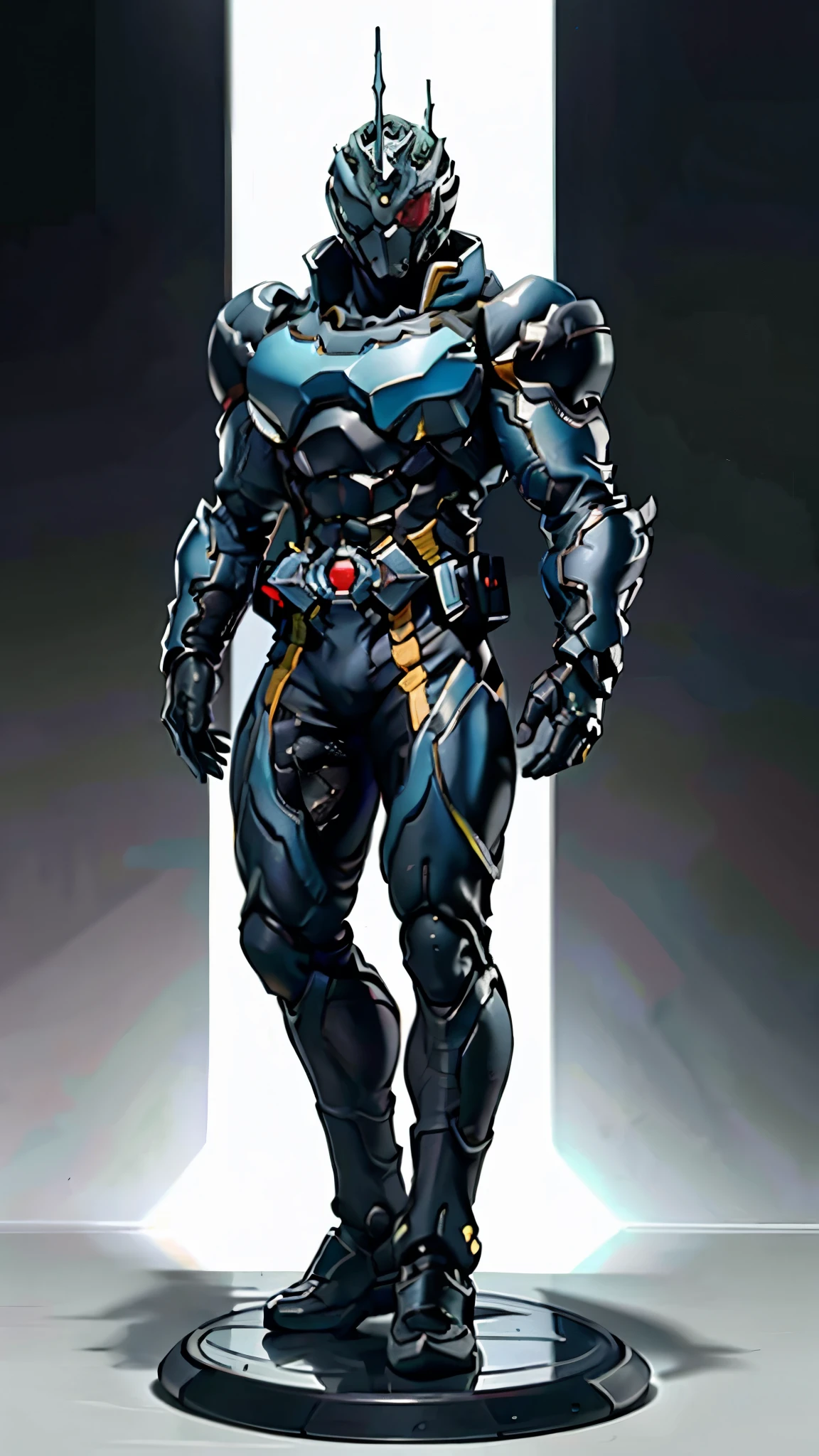 (masterpiece:1.5, best quality:1.5, extremely delicate:1.5), ((male:1.5)), a man wearing a full-face helmet, a biotech armored combat suit, green eyes, (a composite layered chest armor), fully enclosed shoulder guards, matching arm and leg guards, a belt of gemstone, (the color scheme is primarily Blue with White and Red accents), the design balances heavy with agility, a high-tech bio-mecha armor, (Armor Concept Inspired by Kamen Rider, stand of a futuristic sci-fi city), this character embodies a finely crafted Superhero in anime style, exquisite and mature manga art style, (the armor glows), metallic, high definition, highres, ultra-detailed, ultra-fine painting, professional, perfect body proportions, golden ratio, anatomically correct, symmetrical face, extremely detailed eyes and face, high quality eyes, creativity, RAW photo, UHD, 32k, Natural light, cinematic lighting, masterpiece-anatomy-perfect