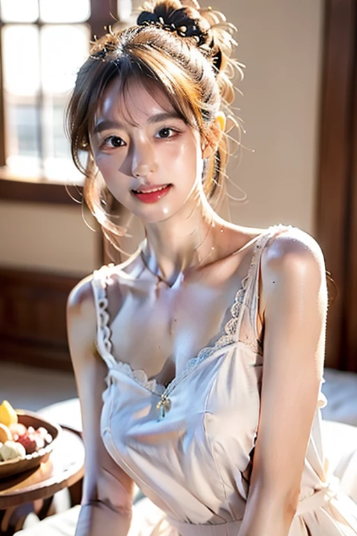 ((top-quality、​masterpiece:1.3))、((Russian beauties))、1 female:2.0、18year old、Colossal tits:1.3、Slender body type:1.1、Toned abs、a blond、short-cut、Detailed lips、detailedeyes、二重まぶた、blue eyess、wide Shots、(Raw photography、top-quality)、(realisitic、Photorealsitic:1.3)、top-quality、​masterpiece、extremely delicate and beautiful、extremely details CG、 absurderes、A smile、Erotic face、Bedrooms、Fours、Slouched、Nokezoru、Transparent swimsuit、Strong smile、Sideways sitting、nighttime scene、Small underwear