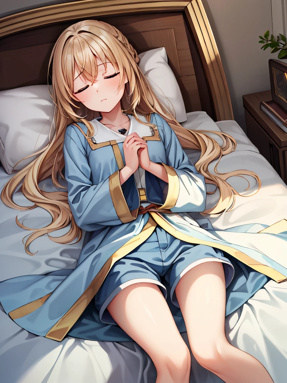 (masterpiece、Best Quality)、1 Girl、Light blue pajamas、indoor、Priestess、Blonde Hair、Blue Eyes、Sleeping in a lovely bed、 sleeping face、Eyes closed、Closed Mouth、Shorts、White thighs、Hands on chest、(Fine Fingers、Beautiful hands:1.2),Sharp pupils、High resolution、High resolution、 super fine painting,