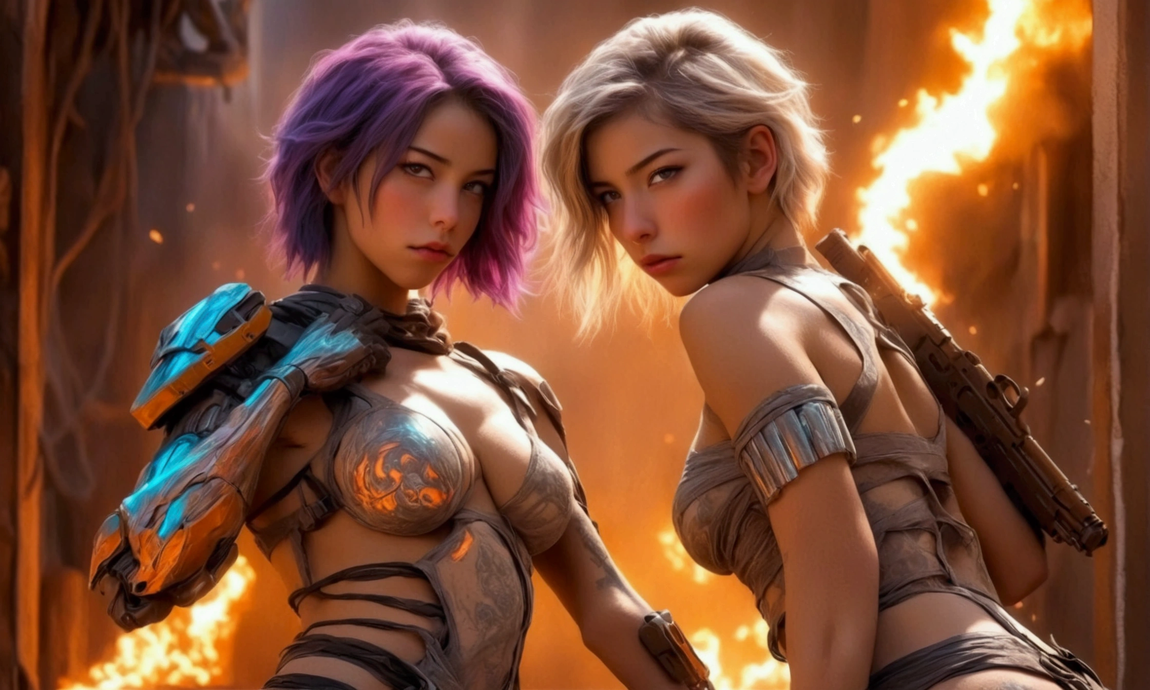 a cute woman, jet boots, jet pack, space adventurer bikini, laser pistol, future hairdo, exploring alien world, mushrooms, tiny goblin-like creatures, detailed face, realistic, cinematic lighting, vibrant colors, high resolution, 8k, photorealistic, detailed environment, award winning concept art, hyper detailed, studio quality