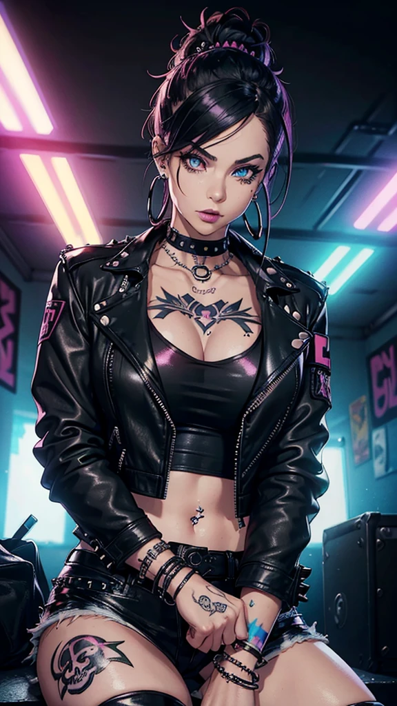 (masterpiece, highest quality, illustration), cyberpunk, dystopian, close-up, upper body, woman, solo, short hair, (black hair, multicolored hair), dark skin, brown eyes, small breasts, jewelry, cropped jacket, short shorts, stockings, midriff, (cleavage:1.6), facing the viewer, standing, night, neon, dark, moody lighting