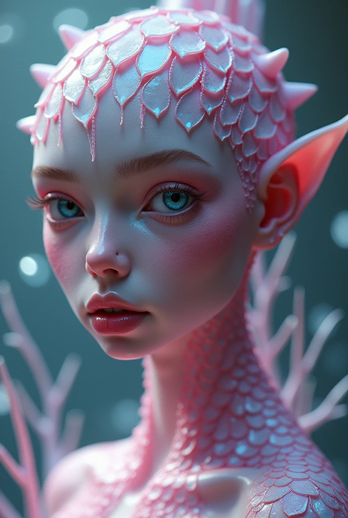 Beautiful alien idol, pink skin, insect eyes, pink hair, moth-like appearance