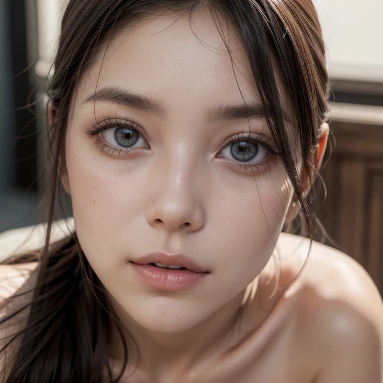 A beautiful young girl, , with a perfect face, pale skin, slightly Asian features, round face, short and very curly hair, sticking out her tongue in an erotic manner, detailed portrait, detailed facial features, beautiful eyes, beautiful lips, extremely detailed face and eyes, long eyelashes, photorealistic, high resolution, 8k, best quality, masterpiece, ultra-detailed, realistic, photo-realistic, HDR, UHD, studio lighting, ultra-fine painting, sharp focus, physically-based rendering, extreme detail description, professional, vivid colors, bokeh, portrait