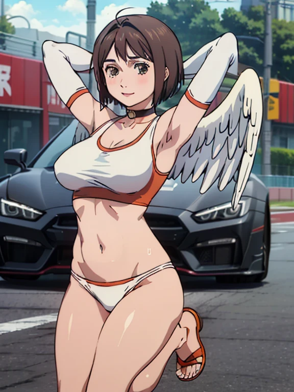 Completely naked、(Anime Style)、Race Queen、(美people顔:1.5)、(Beautiful breasts)、colorful、Glowing Skin、Brown Hair、Short Hair、(masterpiece:1.5)、(High resolution)、(Highest quality)、(Ultra high definition)、woman１people、(sweat)、break、smile、(barefoot)、break、Heart Choker、(Angel Wings)、Crop top、Midriff、Elbow Gloves、bikini、Orange Sandals、break、Auto Racing Track、Sports Car