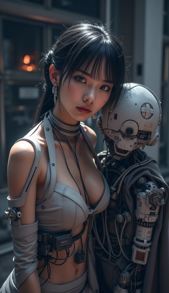 metal robot carries a naked woman in its arms. The robot has a metal head with one central lenticular eye. The woman in the robot's arms is naked, has large breasts and long wet curly hair, and is hugging the robot. Rainforest in the background.