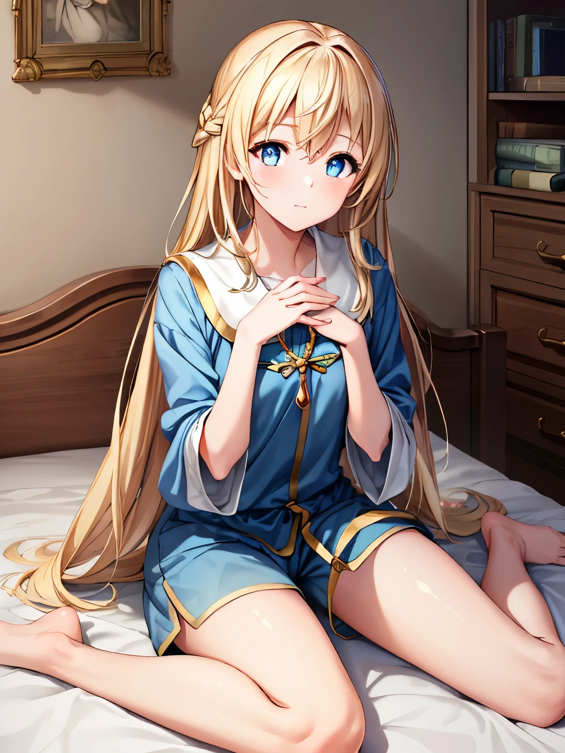 (masterpiece、Best Quality)、1 Girl、Cute light blue pajamas、indoor、Priestess、Blonde Hair、Blue Eyes、Sitting on a lovely bed、 Half asleep、Closed Mouth、Shorts、White thighs、Hands on chest、(Fine Fingers、Beautiful hands:1.2),Sharp pupils、High resolution、High resolution、 super fine painting,