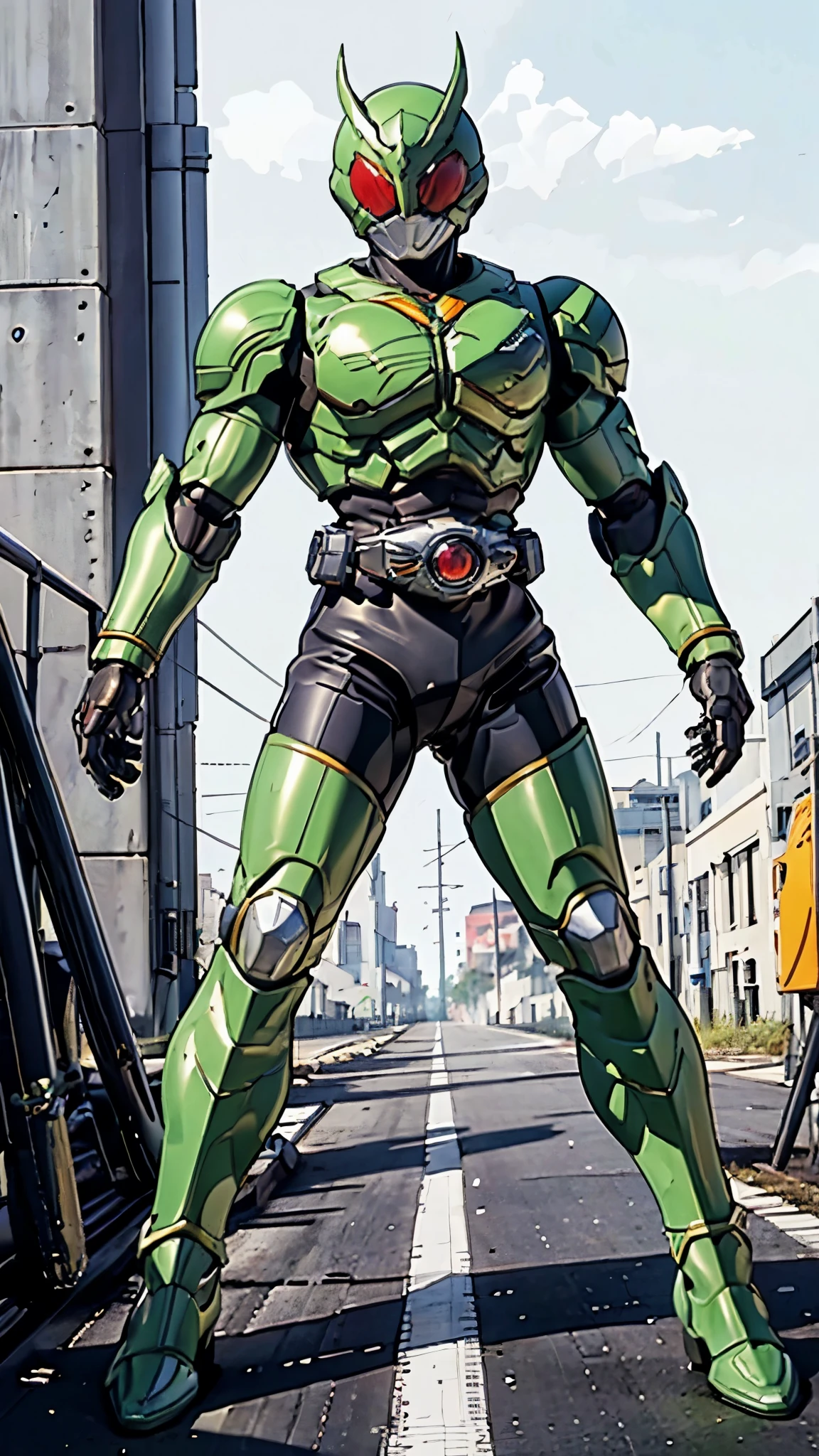 (masterpiece:1.5, best quality:1.5, extremely delicate:1.5), ((male:1.5)), a man wearing a full-face helmet, a biotech armored combat suit, green eyes, (a composite layered chest armor), fully enclosed shoulder guards, matching arm and leg guards, a belt of gemstone, (the color scheme is primarily Blue with White and Red accents), the design balances heavy with agility, a high-tech bio-mecha armor, (Armor Concept Inspired by Kamen Rider, stand of a futuristic sci-fi city), this character embodies a finely crafted Superhero in anime style, exquisite and mature manga art style, (the armor glows), metallic, high definition, highres, ultra-detailed, ultra-fine painting, professional, perfect body proportions, golden ratio, anatomically correct, symmetrical face, extremely detailed eyes and face, high quality eyes, creativity, RAW photo, UHD, 32k, Natural light, cinematic lighting, masterpiece-anatomy-perfect