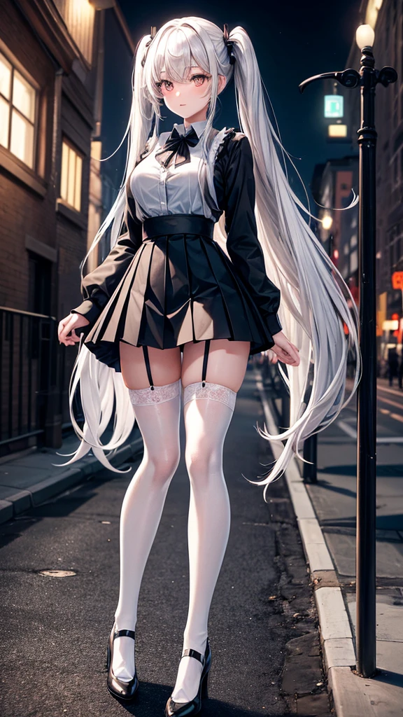 Girl with long white hair showing black panties under skirt
