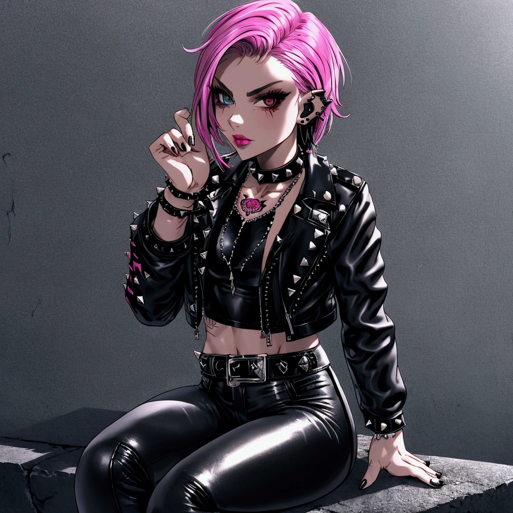 (a punk rock girl, Bold style, rock and roll sign), The best quality, ((graffiti background, concert atmosphere, vibrant colors, dramatic lighting, Depth of field, cinematic light, unfocused)), ((look at the viewer)), (without people in the background: 1.3), piercing eyes, Punk hairstyle, ((leather jacket with a black blouse, studded accessories, black leather pants, black leather boots)), intense eyeliner, skull tattoo, heterochromia eyes, piercings, deep ombre, Beautiful earrings, BRACELET, slim, medium breasts.