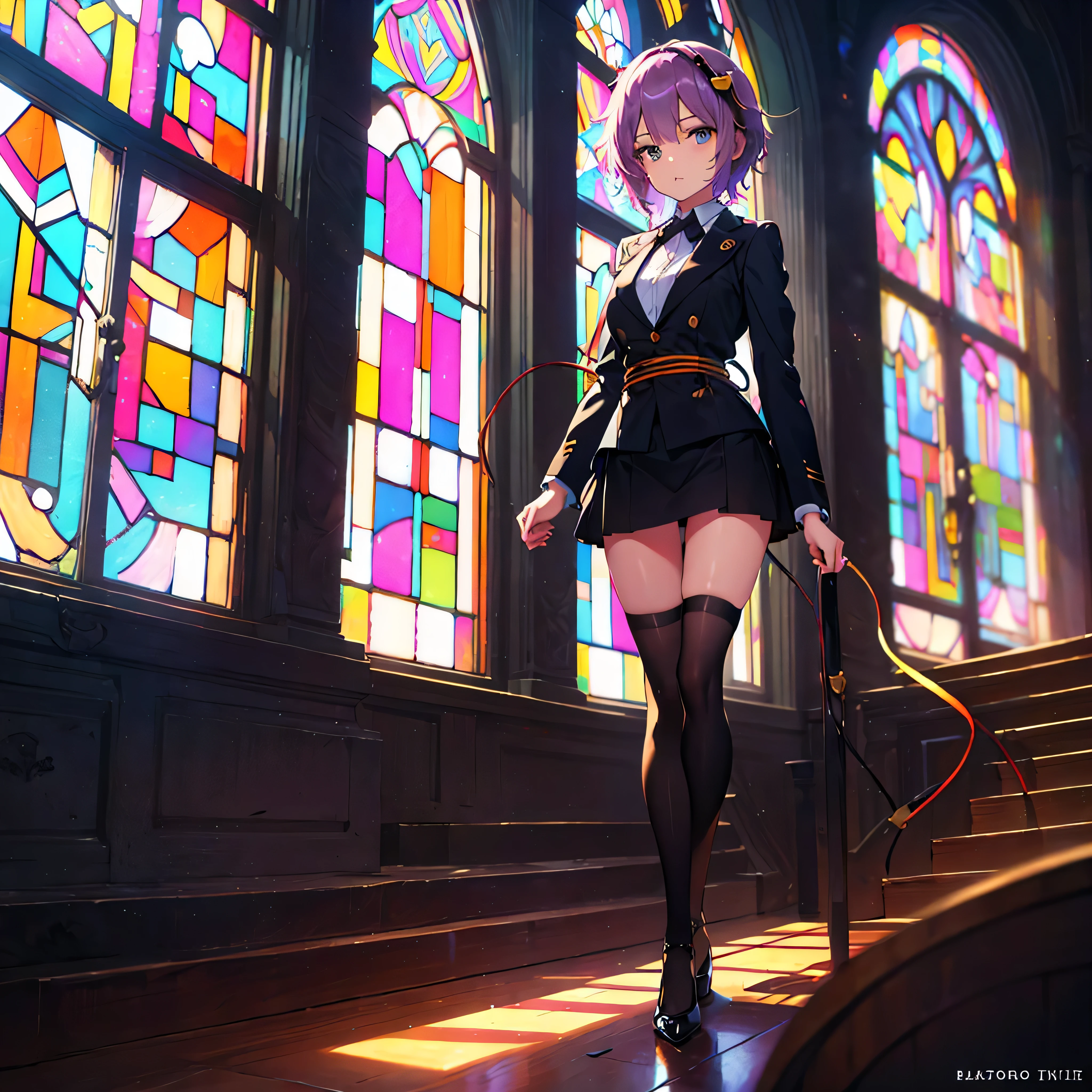 (Satori toho character standing alone), (solo), stained glass, BREAK, short hair, large breasts, (inconceivably narrow skinny waist), very long legs, BREAK, (black blazer:1.2), (black thighhighs:1.2), very short black skirt, (thigh gap), highheels