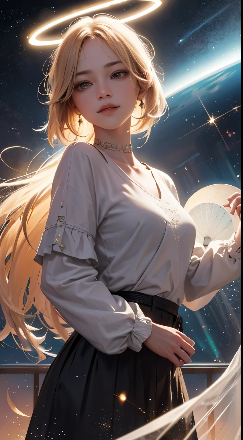 absurd res, high res, (masterpiece:1.4), ultra-detailed, 1girl, from above, space, floating gopro shot of the hell, gopro photo, shot with a gopro, extreme low angle shot, flying towards the camera, gopro shot, high quality action photography, low - angle go - pro view masterpiece, realistic, 8k, (1woman:1.3), european, hazelnut green eyes, white shirt, (blonde hair:1.1) , short-cut,(buzz-cut:1.1),1girl in,((:D))、Obra maestra, La mejor calidad, Lucha por la nube, Armadura de hombro, cuello de tortuga sin mangas, tirantes, beltt, pantalones holgados, Guantes, Bracer, Botas, sentada, molino de viento, Cielo, nubes, god rays, UHD, masterpiece, ccurate, anatomically correct, super detail, award winning, best quality, high details, high quality,A fractal art representation of a woman in a sophisticated suit, holding a crescent moon in one hand and a radiant sun in the other, all rendered in the intricate, repeating patterns characteristic of fractal art. The scene is set against a backdrop of night, yet the fractal patterns create a mesmerizing blend of light and darkness, moonlight and sunlight. The woman's figure and the celestial bodies she holds are composed of countless smaller, self-similar shapes, creating a complex and captivating visual. The fractal patterns extend into the background, suggesting a garden or forest clearing, but with the trees and foliage also formed by the mesmerizing fractal designs. The overall effect is one of stunning complexity and beauty, with the fractal art adding a magical and surreal quality to the scene.beautiful fingers,beautiful hands,fingertip,nail,arms behind ba