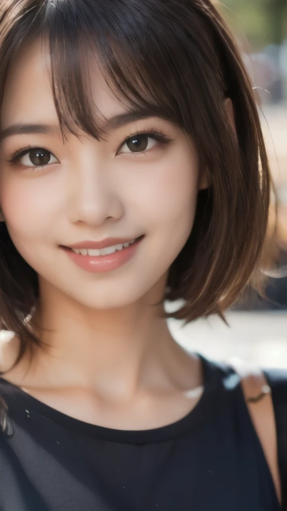 8k、Best Quality、(Representative works:1.2)、(Genuine)、(Genuine:1.37)、Ultra-high resolution、One female university student、Droopy eyes、Beautiful teeth alignment,smile、Well-formed fingers、ponytail、Around town、(Cute casual clothes)、Big Breasts、Perfect body、Perfect fingers、Beautiful Skin、Professional Writing、gravure、Detailed face and skin texture、Microparticles、RAW Photos