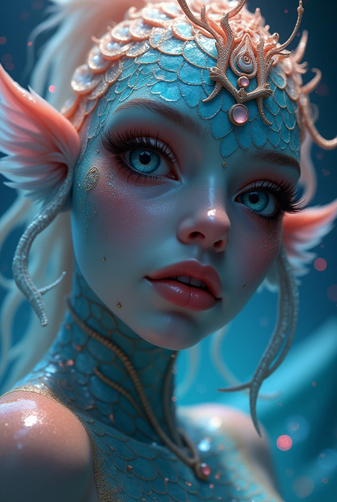 Eye Level shot, on the face of an otherworldly sea creature, half-human and half-aquatic entity. Her skin shimmers with an iridescent turquoise and gold scale-like texture, each minute scale catching and refracting light in mesmerizing patterns. Delicate, raised golden lines trace intricate patterns across her forehead and cheekbones, forming a living, glistening crown.Her eyes are the focal point - large, almond-shaped, and an impossible shade of vivid emerald green. The irises seem to swirl with depth, hinting at ancient, unknowable wisdom. Long, sweeping eyelashes frame these captivating eyes, each lash coated in a fine dusting of golden sparkles.Tiny water droplets cling to her skin, creating a constellation of liquid diamonds that enhance the ethereal glow emanating from within. Her lips, slightly parted, are a soft pink, providing a striking contrast to the cool tones of her skin.Framing her face are tendrils of what appear to be living seaweed or fine, aquatic tentacles. These strands move with a life of their own, shimmering in shades of teal, gold, and deep ocean blue. Some tendrils are adorned with tiny, bioluminescent creatures that pulse with gentle light.The background is a soft blur of deep oceanic blues and greens, suggesting the depths of an alien sea. Occasional flashes of bioluminescence dance in the periphery, hinting at unseen wonders beyond the frame.The lighting is soft yet complex, as if filtered through layers of water, creating an interplay of shadow and shimmer across the creature's face. The overall effect is one of beauty so strange and captivating that it borders on the surreal, inviting the viewer into a world of aquatic magic and mystery. 8k, Intricate details, depth of field, sharp focus, Cinematic clinical lighting, Deep Focus, f/22, Cinematic film still, shot on RED DIGITAL CINEMA KOMODO-X 6K, film grain, color graded, post-processed, cinematic lighting, 35mm film, best quality.