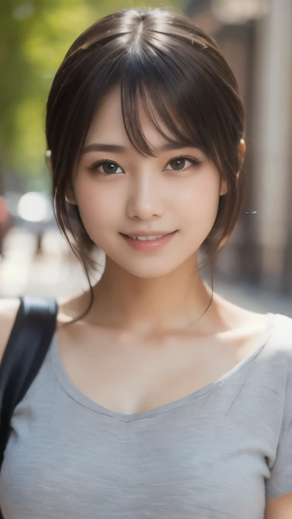 8k、Best Quality、(Representative works:1.2)、(Genuine)、(Genuine:1.37)、Ultra-high resolution、One female university student、Droopy eyes、Beautiful teeth alignment,smile、Well-formed fingers、ponytail、Around town、(Cute casual clothes)、Big Breasts、Perfect body、Perfect fingers、Beautiful Skin、Professional Writing、gravure、Detailed face and skin texture、Microparticles、RAW Photos