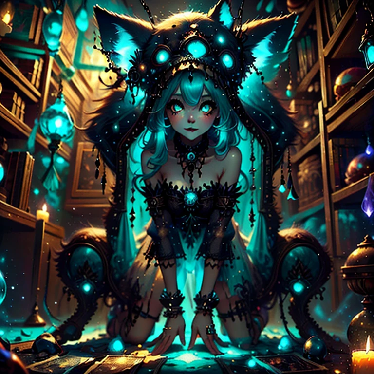 [Best quality, Shaded, extreme detail, highly detailed, ultra detailed, intricate, Realistic, perfect face], wolf woman, full body portrait, full fur, magic fur, full tail, big signal, magic tail, long hair (hair colorful), hat on the head (gothic style), almond-shaped eyes (bright turquoise color), expressive smile, charming face, gothic clothing (dark color with magic skulls), black fur tights, shoes (gothic style high boots ), the scene takes place in a narrow alley with a sinister and dark atmosphere.