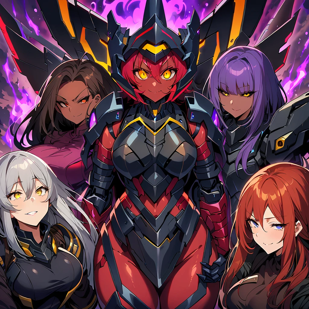 Anime, high detailed, multiple womans, mature womans, black ebony mecha armor, large mechanical wings, evil grin, large clawed Gauntlet, red skin, curvy body, long mechanical tail,black sclera、Colored sclera、crimson Colored skin、Yellow Eyes, elongated pupils,  Mature Woman、Black-purple aura、womans surrounding