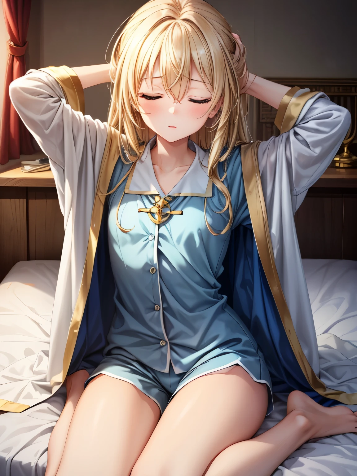 (masterpiece、Best Quality)、1 Girl、Light blue pajamas、indoor、Priestess、Blonde Hair、Blue Eyes、Sitting on a lovely bed、Close your eyes、 Half asleep、Shorts、White thighs、Hands behind head、,Sharp pupils、High resolution、High resolution、 super fine painting,