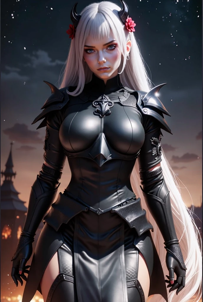 A beautiful drow girl, detailed face, large breasts, dark skin, detailed white hair, black plate armor, short purple skirt, purple eyes, highly detailed, 8k, photorealistic, masterpiece, cinematic lighting, fantasy art