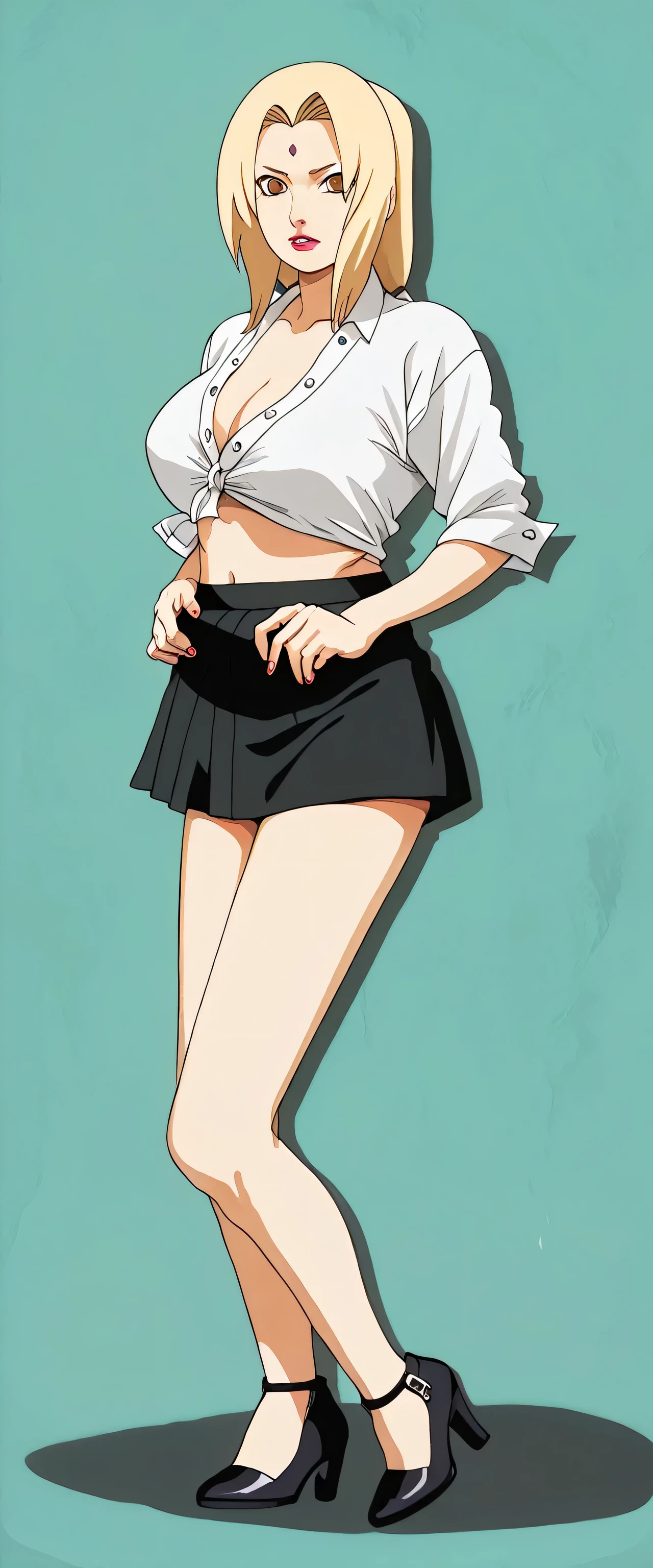 A tall sexy sensual beauty woman with big breasts, long yellow blonde hair, brown eyes, wears a white button-down shirt tied with a knot, showing her belly button and a short black skirt with black heels