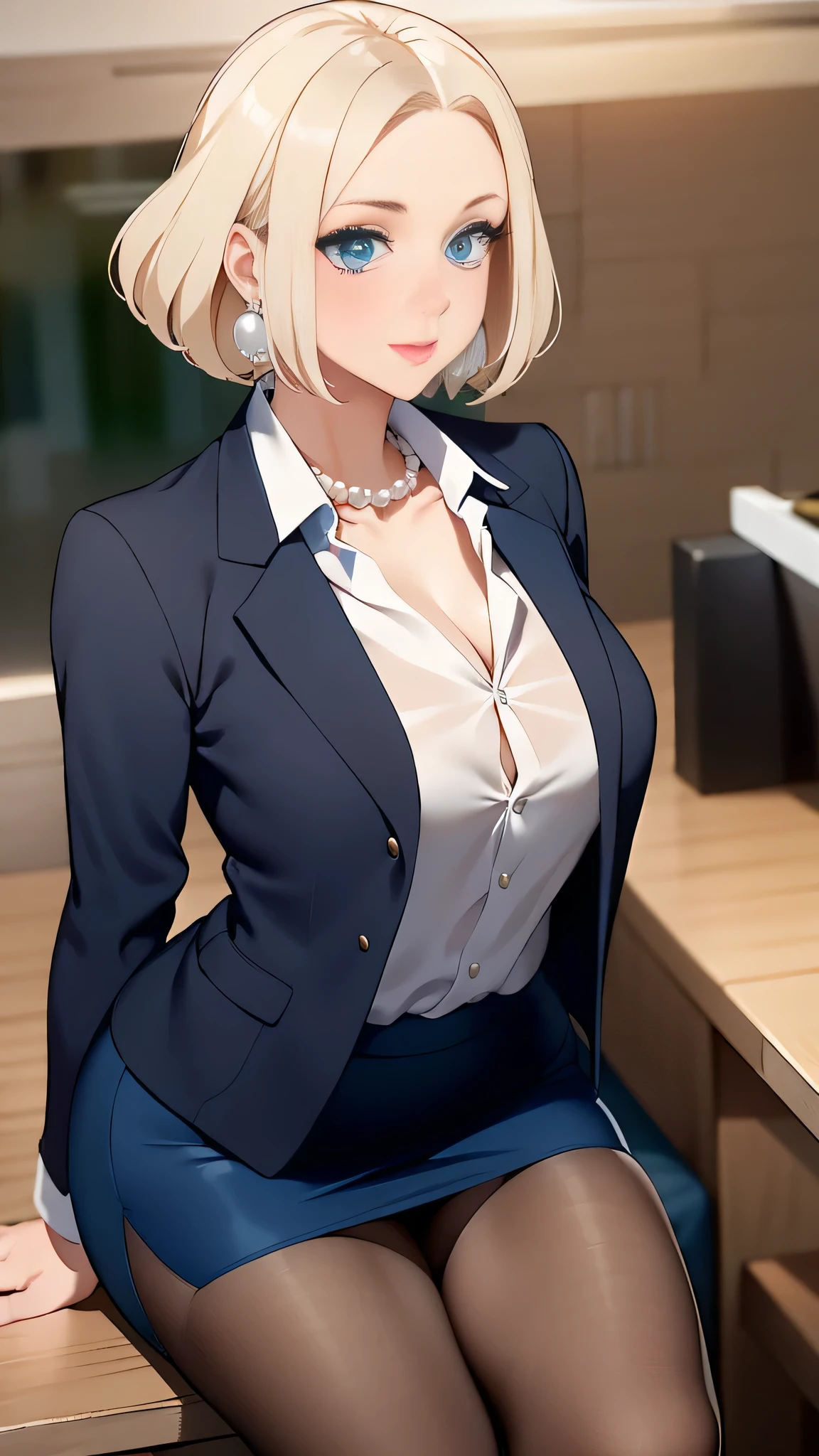 1 mature woman, light peach skin, big blue eyes, blonde formal hair, pearl earrings, pearl necklace, wearing white top, wearing blue tight short skirt, at the office, seductive, open jacket, small bust, professional and SFW, silk stockings
