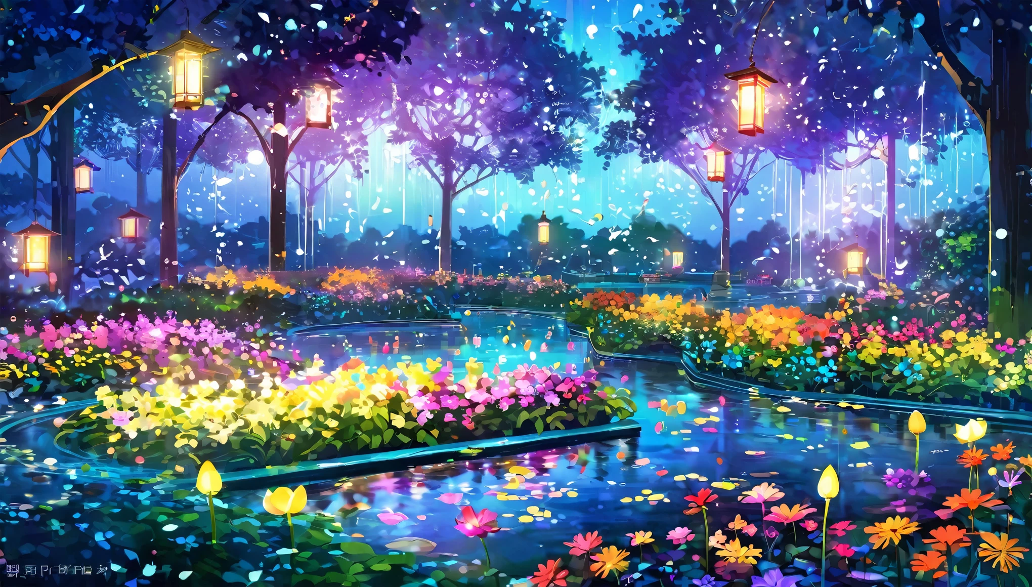 Dream garden digital illustration。Colorful flowers々Blooming Flowers々A beautiful garden filled with。庭園の中央には光のsquirtがあります.、The water splashes shine in rainbow colors。Floating lanterns all around the garden.、Gives off a soft light。At night, The whole garden magically lights up in fluorescent colors..、Flowers and leaves、squirt'The water splashes are illuminated with a mysterious light.。Light particles floating in the air、The overall atmosphere is mysterious and dreamy..。
