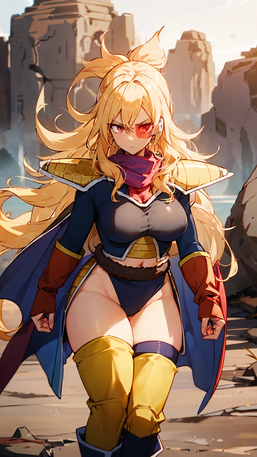 Super saiyan girl with long wavy blonde hair, epic saiyan armor, medium breasts, toned abs, serious expression, walking towards the camera, saiyan armor, tinted eyewear, saiyan Scouter, saiyan tail , mature female, extremely detailed face and body, with red cape 