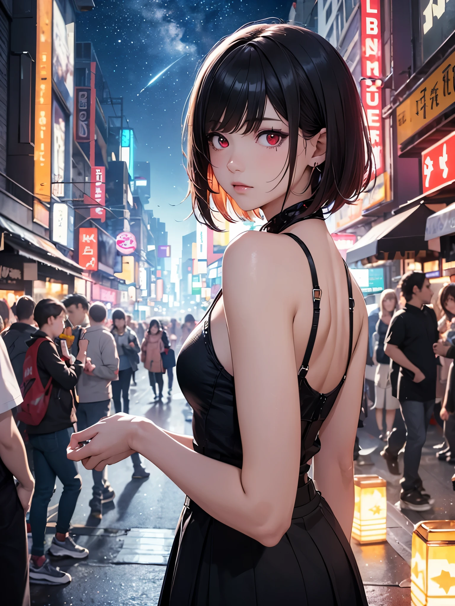 1girl, solo, looking at distance, wide, sad, black dress, reaching hand to sky, cyberpunk setting, anime style 