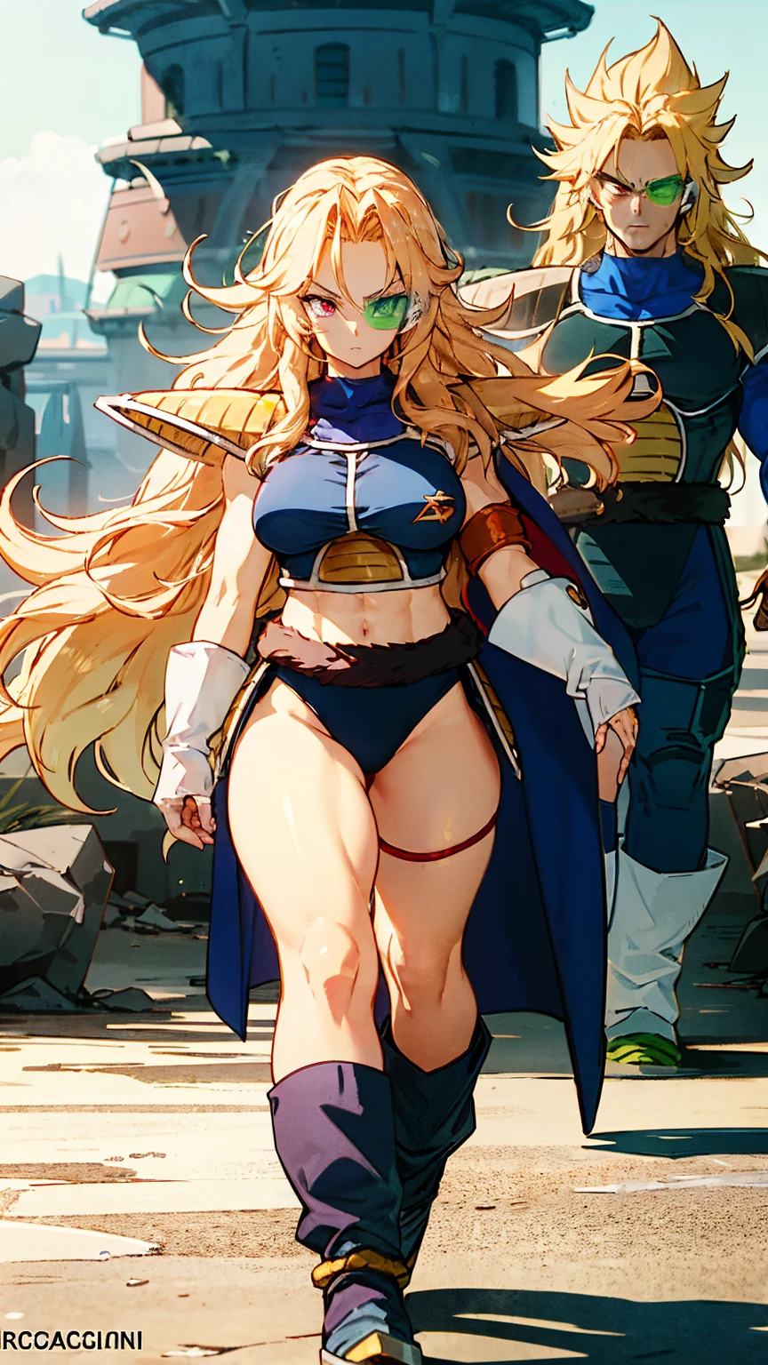 Super saiyan girl with long wavy blonde hair, epic saiyan armor, medium breasts, toned abs, serious expression, walking towards the camera, saiyan armor, tinted eyewear, saiyan Scouter, saiyan tail , mature female, extremely detailed face and body, with saiyans cape 