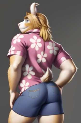 asgore, plump, bara, smile, belly, blonde hair,  (pose:1.3), (posing:1.3), (soft shading), 4k, hi res, five fingers, detailed hands, ((detailed face, (detailed eyes:1.0), detailed)), (full body), by zackarry911, by zaush, (by personalami:0.5), solo, looking at viewer, smile, shirt, 1boy, male focus, collared shirt, medium hair, pink shirt, hawaiian shirt, shorts, from behind, tail, big butt, ass focus