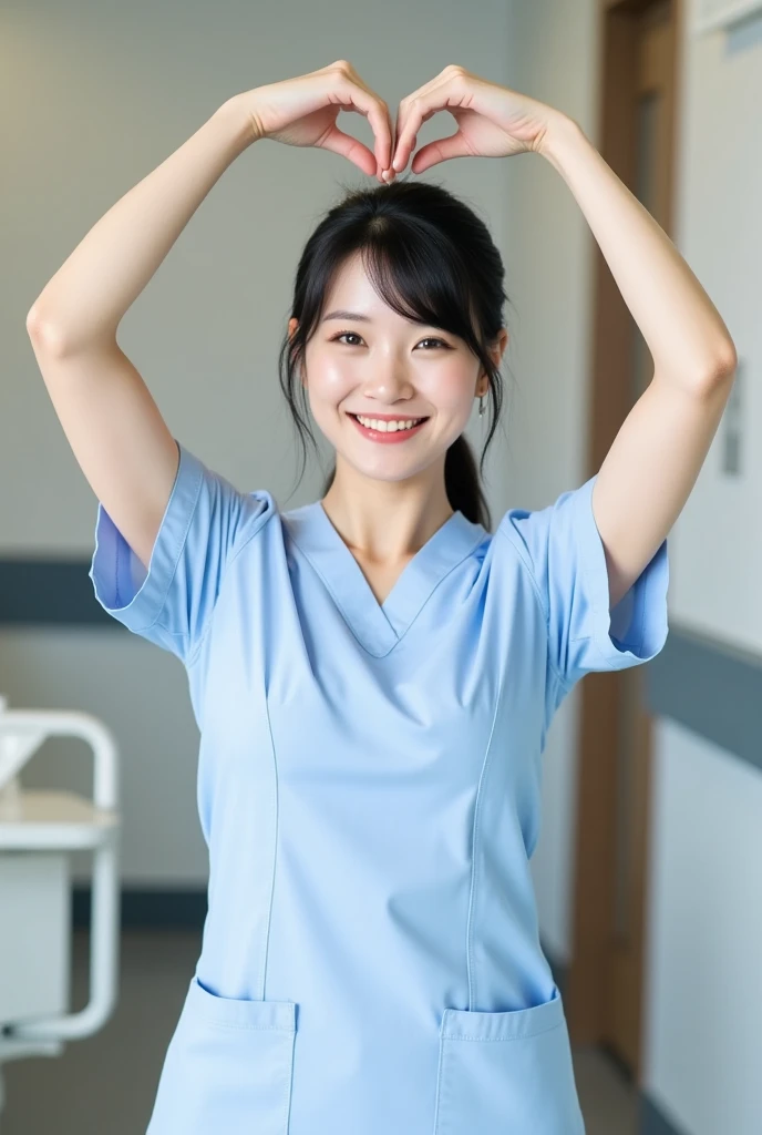 Medium shot of a smiling Japanese female nurse making an armheart with arms overhead. Her beautiful, detailed features are framed by her hair and a playful expression. She has a slim hourglass figure, narrow waist, and medium breasts. Her black hair is styled to perfection, complementing their pale skin and fair complexion. The private modern hospital room provides a clean and serene backdrop for this photorealistic image.