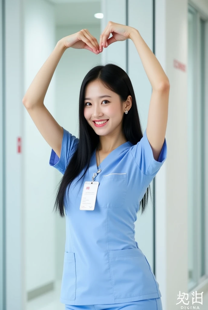 Medium shot of a smiling Japanese female nurse making an armheart with arms overhead. Her beautiful, detailed features are framed by her hair and a playful expression. She has a slim hourglass figure, narrow waist, and medium breasts. Her black hair is styled to perfection, complementing their pale skin and fair complexion. The private modern hospital room provides a clean and serene backdrop for this photorealistic image.