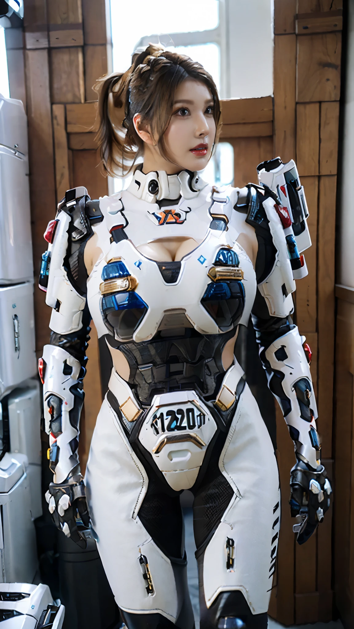 A beauty girl with (wavy ponytail long hair:1.7), mecha_musume, (CLOSE UP UPPER BODY:0.8), (COWBOY SHOT PORTRAIT:1.4), ((CEAVAGE, HUGE FAKE BREASTS:1.5)), (11 line ABS:1.4), ((MECHA GUARD ARM,FUTURISTIC JAPANESE SHOULDER PAD WITH GOLD AND SKY BLUE DETAILS:1.2)), (SHINY CRYSTAL CORE ON MECHA STARRY SKY ARMOR FORM OVERWATCH, BLACK MECHA TIGHT BATTLESUIT:1.5), (MUSCULAR HOURGLASS BODY SHAPE, GLOWING BODY PALE SKIN:1.5), (LOOKING AT VIEWER:1.5), (HALLWAY OF FUTURISTIC SPACE STATION:1.3), (BRIGHT LIGHT WHITE_ROOM:1.3), HYPER TEXTURE, UNREAL ENGINE RENDER, PHYSICALLY-BASED RENDERING, ULTRA HIGHT DEFINITION, 16K, DSLR, 1080P.