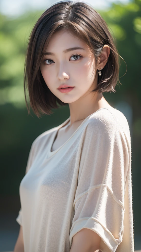 High resolution、masterpiece、Textured skin、High image quality、超High resolution、Very detailed、woman、20 years old、actress、Center parted very short hair、Casual Fashion、Perfect Style、Ray Tracing, Background blur, solo, Simple Background, Brown eyes、