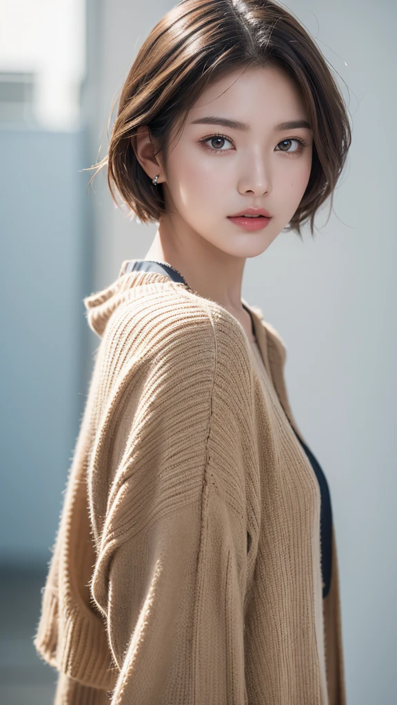 High resolution、masterpiece、Textured skin、High image quality、超High resolution、Very detailed、woman、20 years old、actress、Center parted very short hair、Casual Fashion、Perfect Style、Ray Tracing, Background blur, solo, Simple Background, Brown eyes、