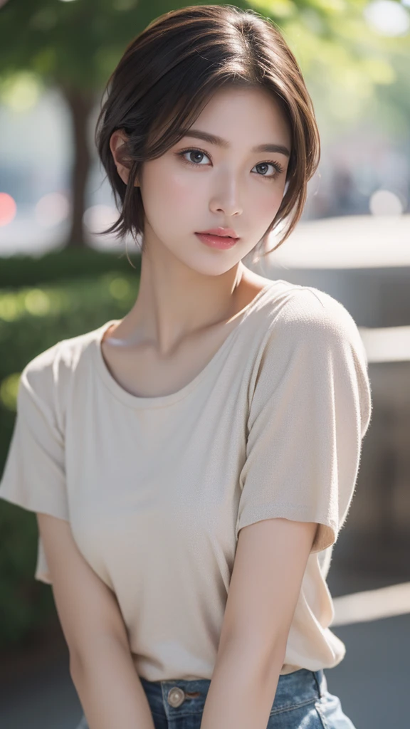 High resolution、masterpiece、Textured skin、High image quality、超High resolution、Very detailed、woman、20 years old、actress、Center parted very short hair、Casual Fashion、Perfect Style、Ray Tracing, Background blur, solo, Simple Background, Brown eyes、