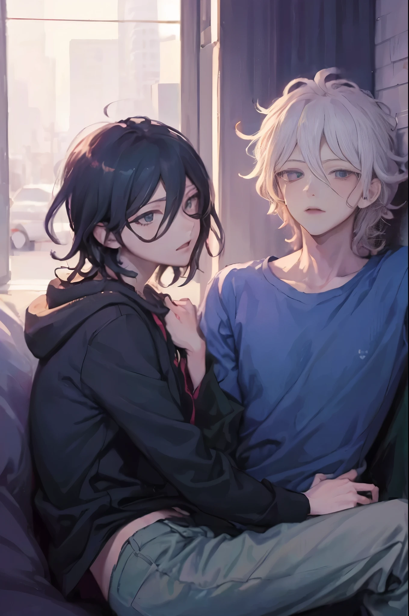 best quality,4k,8k,highres,masterpiece:1.2,ultra-detailed,realistic:1.37, (((2boys))), 1 boy is nagito komaeda, 1 boy is kokichi ouma (short), as a romantic couple