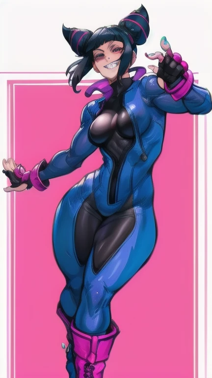 Full body image of Juri Han from Street Fighter 6, wearing her original outfit (purple and black bodysuit with pink accents, high boots, and fingerless gloves), short black hair styled in twin buns, female body, athletic and flexible body, dynamic pose, detailed pose, simple background, expressive face showing a mischievous grin, focus on face, line art, sketch. Pretty face
